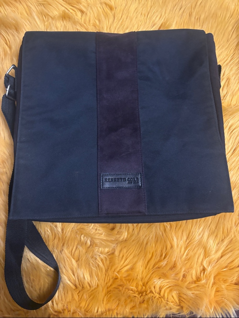 Kenneth Cole Navy Canvas Messenger Bag with Suede Center Stripe